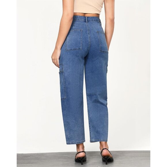 Women Jeans High Waisted Crop Cargo Pockets Wide Leg Stretch Denim - Picture 3 of 6